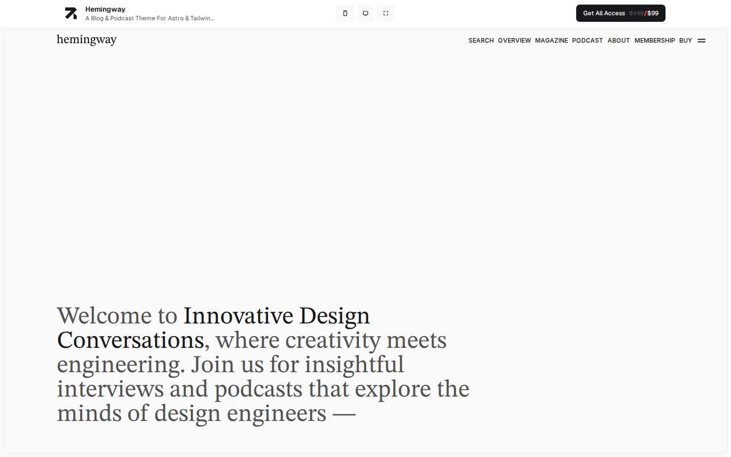 Hemingway - Astro & EmDash CMS template preview