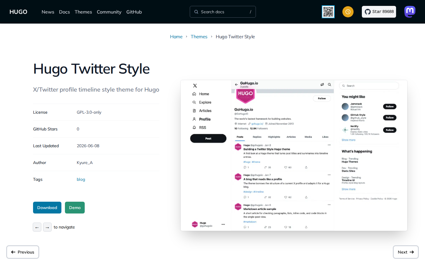 Hugo Twitter Style template preview