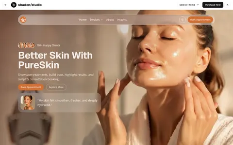 PureSkin - Shadcn UI Skincare Landing Page Template template preview